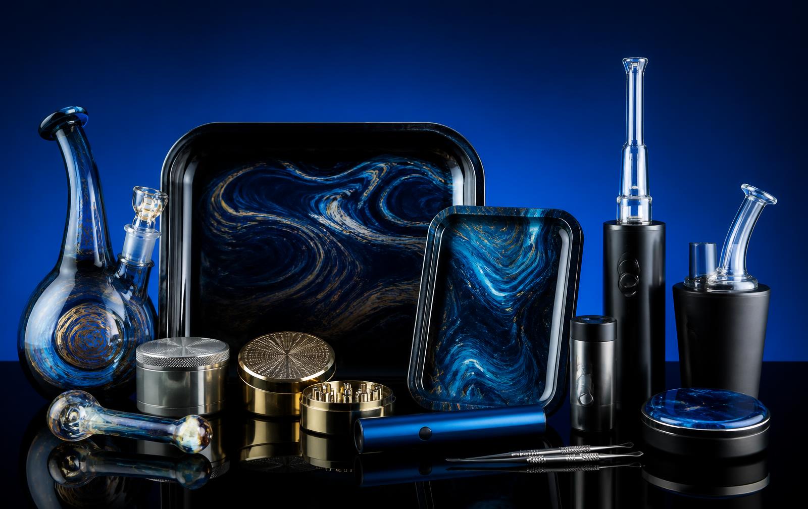 Blue and black smoke shop accessories arranged on a glossy surface